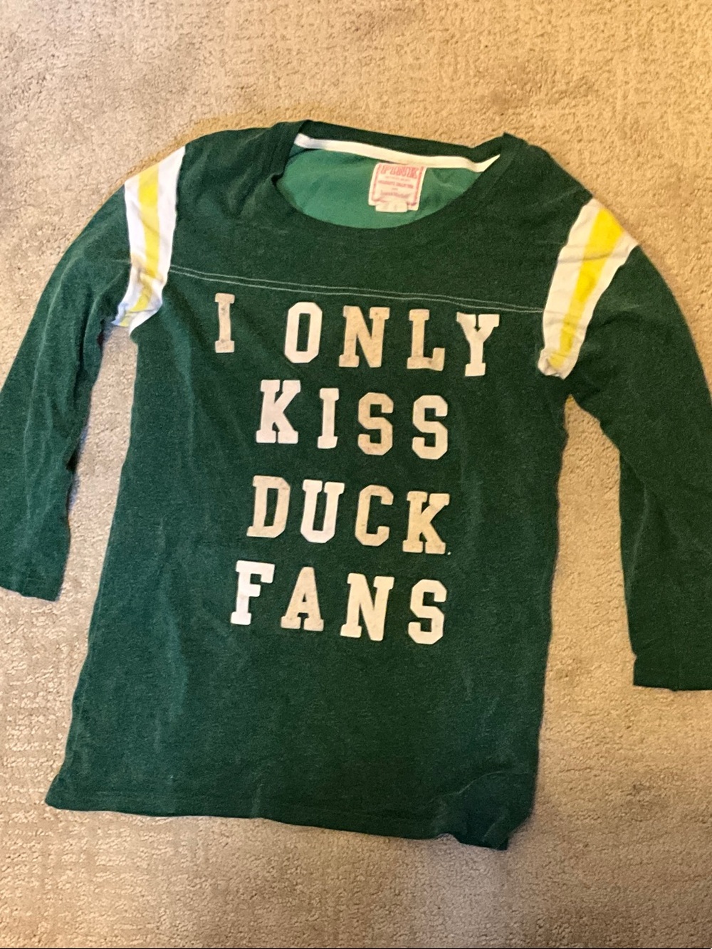 PINK Victoria's Secret Green Long Sleeve Tee with White & Yellow Stripes